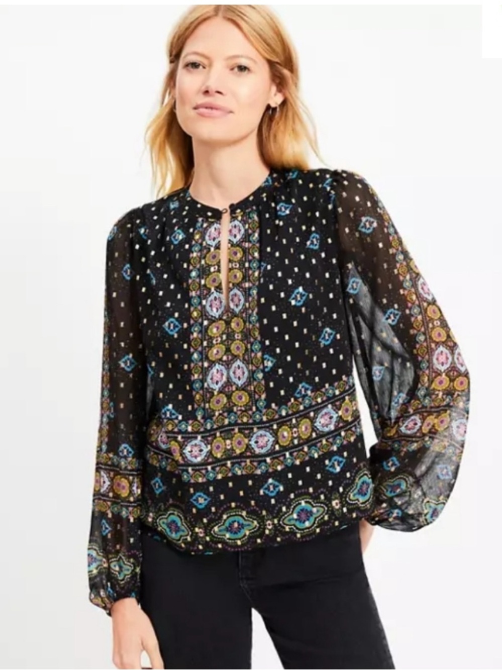 LOFT Foiled Baroque Blouson Sleeve Blouse
Multicolor Medallion Black Boho Large